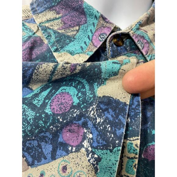 Permit Brand Shirt Mens L Blue Button Up Geometric Surf Cotton Relax 90s VTG - Picture 12 of 14